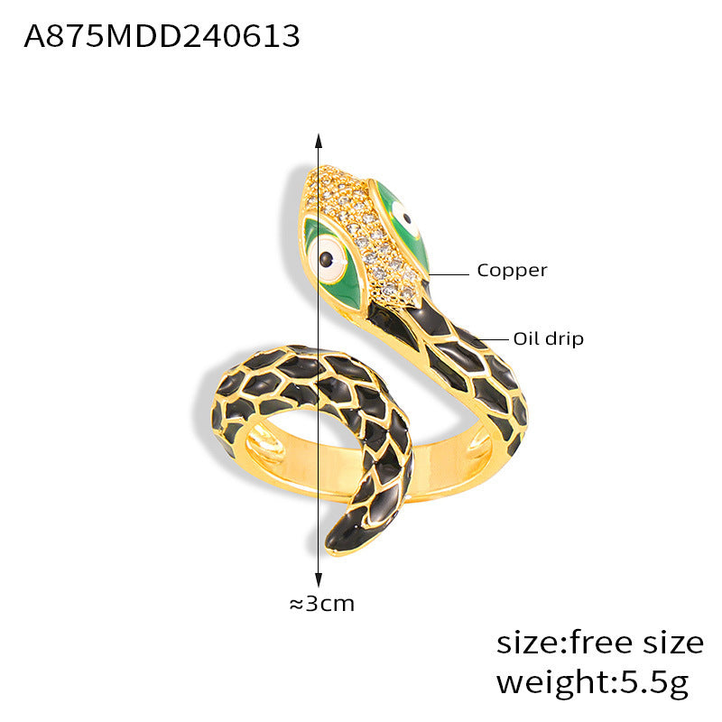 Wholesale  New All-match Color Oil Dripping Ins Wind Finger Ring Copper Gold Plated Diamond Three-dimensional Snake-shaped Winding Open Ring